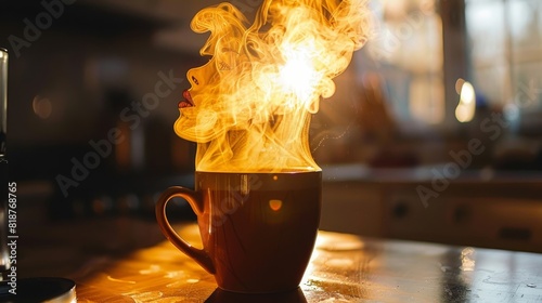 A woman is holding a white coffee cup with steam coming out of it photo