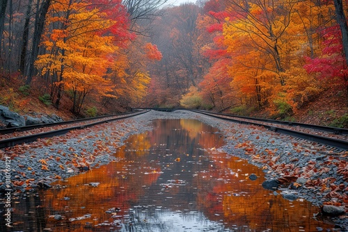 Railroad Trackside Autumn Reflection Reflection of autumn foliage in calm waters near railroad tracks, creating a serene setting