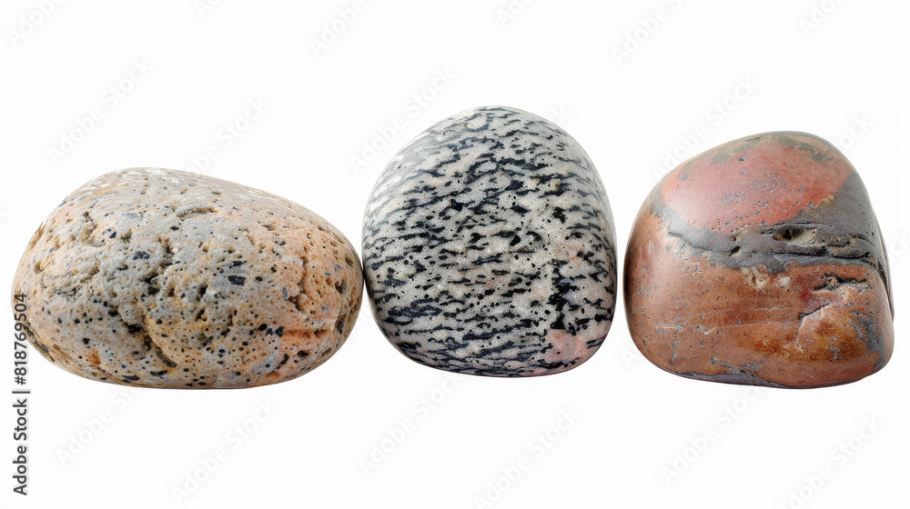 Three rocks are shown on a white background. The rocks are of different sizes and shapes, and they appear to be rough and jagged. Scene is one of ruggedness and natural beauty Three rocks are shown on a white background. The rocks are of different sizes and shapes, and they appear to be rough and jagged. Scene is one of ruggedness and natural beauty
