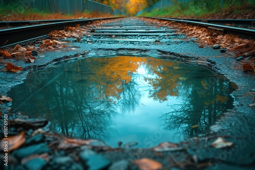 Railroad Trackside Reflection Pool A reflection pool near railroad tracks, creating a serene and reflective setting