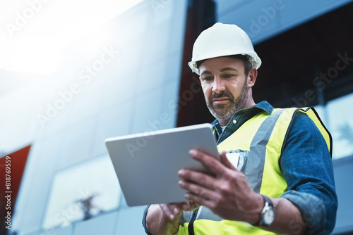 Tablet, engineer and man with helmet on construction site for development or building in city on project. Male person, tech and architecture as manager for progress in industrial, design and safety