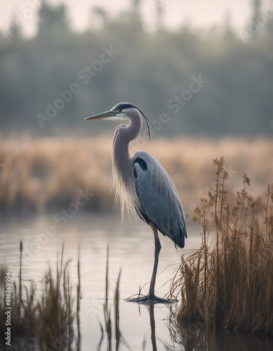 A watchful heron standing still at the water's edge in a misty marshland
