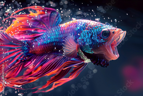 Vibrant and Fierce Neon Betta Fish in Energetic Motion with Gaping Jaws Showcasing Sharp Teeth Against Dramatic Black Backdrop photo