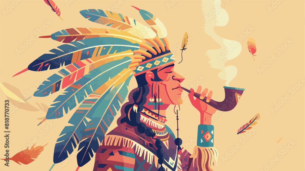 American Indian man wearing traditional clothes smoki