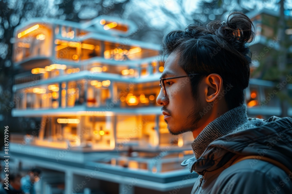 Man standing in front of large building