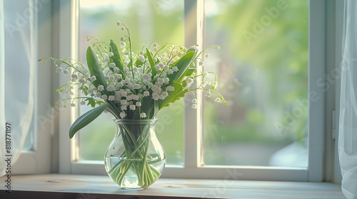 vase of lily of the valley flowers on a table near a window photo
