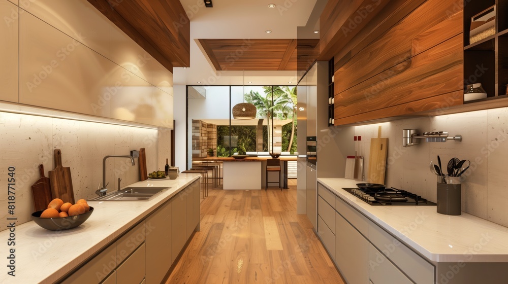 Modern Kitchen Interior with White Marble, Wood Accents
