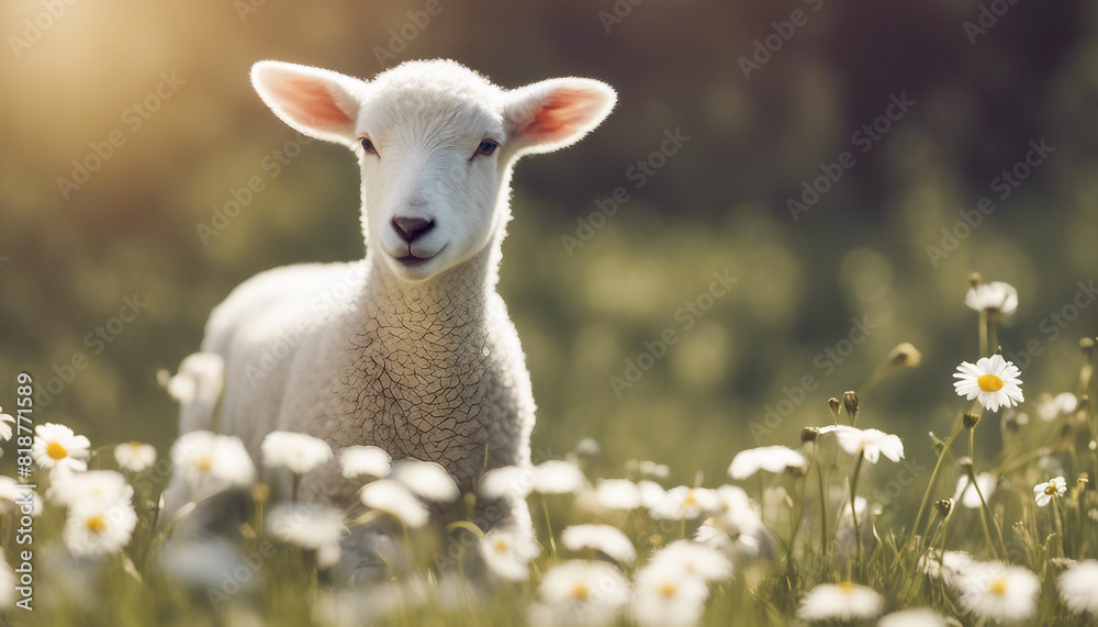 A young lamb frolicking in a field of daisies under the spring sun
A young lamb frolicking in a field of daisies under the spring sun
