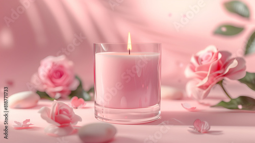 pink scented candle with rose petals