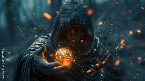 Warlock Performing Ritual of Soul Manipulation with Glowing Amulet,Dark Energy and Occult Aesthetics