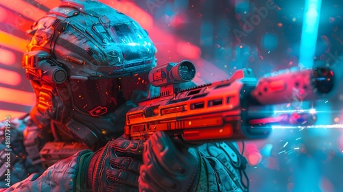 Warrior Battles for Survival in Neon-Lit Urban Warzone with Futuristic Weaponry photo
