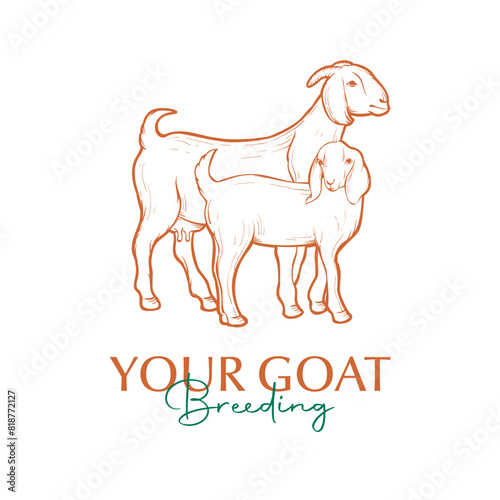 Female goat and kid outline vector illustration. Suitable for design element of goat breeding logo, farm poster, and animal cartoon.