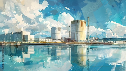 Watercolor Cityscape of Nuclear Power Plant Decommissioning and Nuclear Waste Management in Cinematic Photographic Style photo