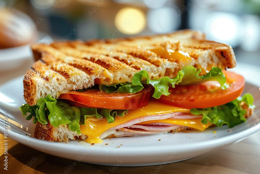 Toast sandwich with cheese, turkey ham, tomato and fresh lettuce on blurred cafe background Toast sandwich with cheese, turkey ham, tomato and fresh lettuce on blurred cafe background