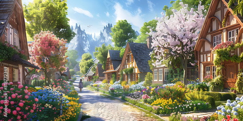 garden with flowers, A person enjoying a leisurely stroll through a picturesque village, with quaint cottages and colorful flower gardens lining the streets photo