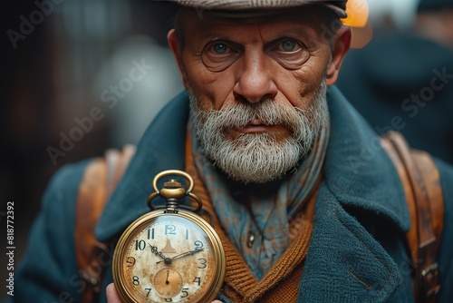 Train Operator's Vintage Pocket Watch A vintage pocket watch held by a train operator, symbolizing the timeless nature of rail travel