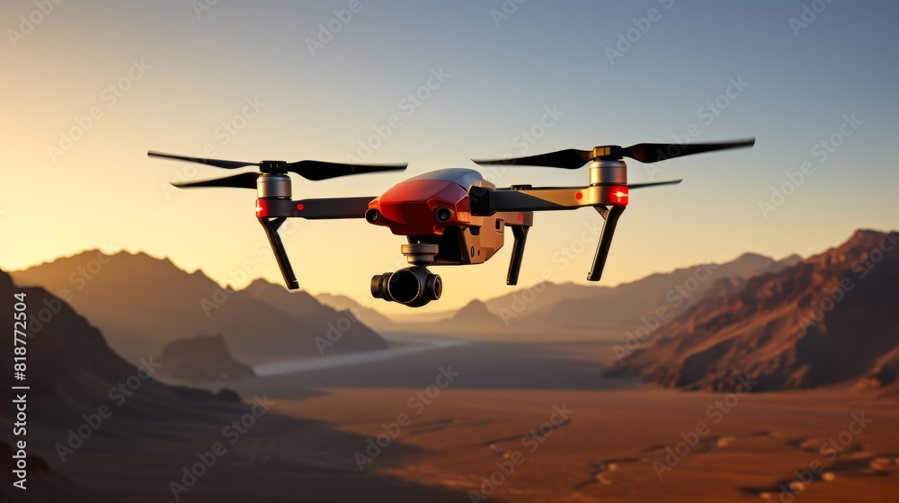 Military fpv drone hovering over a vast desert landscape with distant mountains Military fpv drone hovering over a vast desert landscape with distant mountains