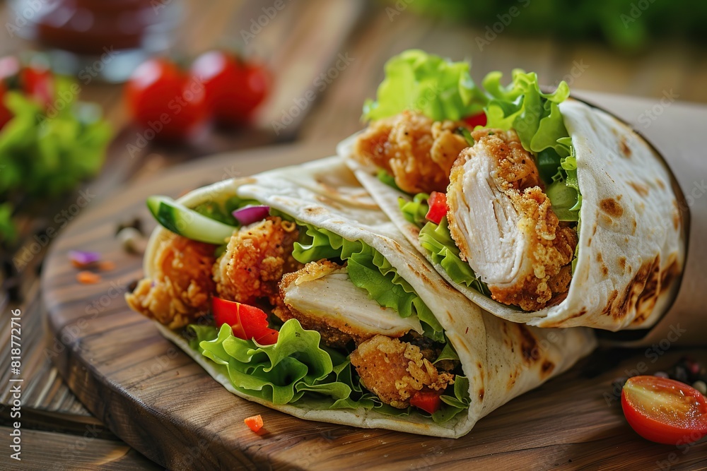 Tortilla wrap with chicken and fresh vegetables on wooden table Tortilla wrap with chicken and fresh vegetables on wooden table