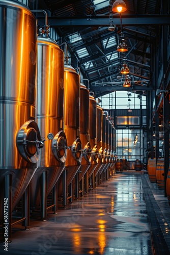 Row of large metal tanks in warehouse