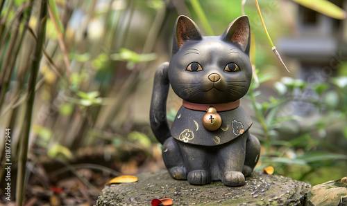 The famous maneki-neko cat figurine, with a characteristically raised paw, symbolizes happiness and prosperity. photo