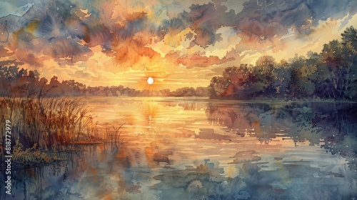 An inspiring watercolor painting of a serene sunrise over a tranquil lake  capturing the tranquility of nature and the beauty of new beginnings.