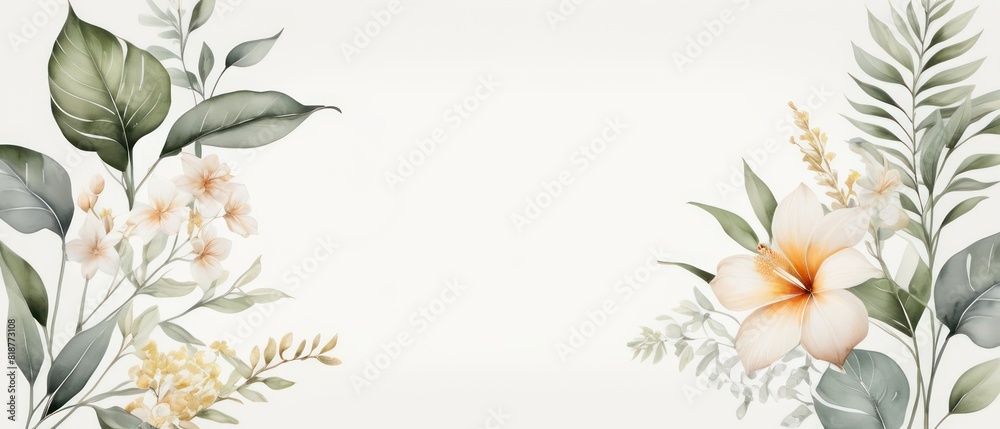 Obraz premium tropical leaves and flowers in a soft watercolor style background