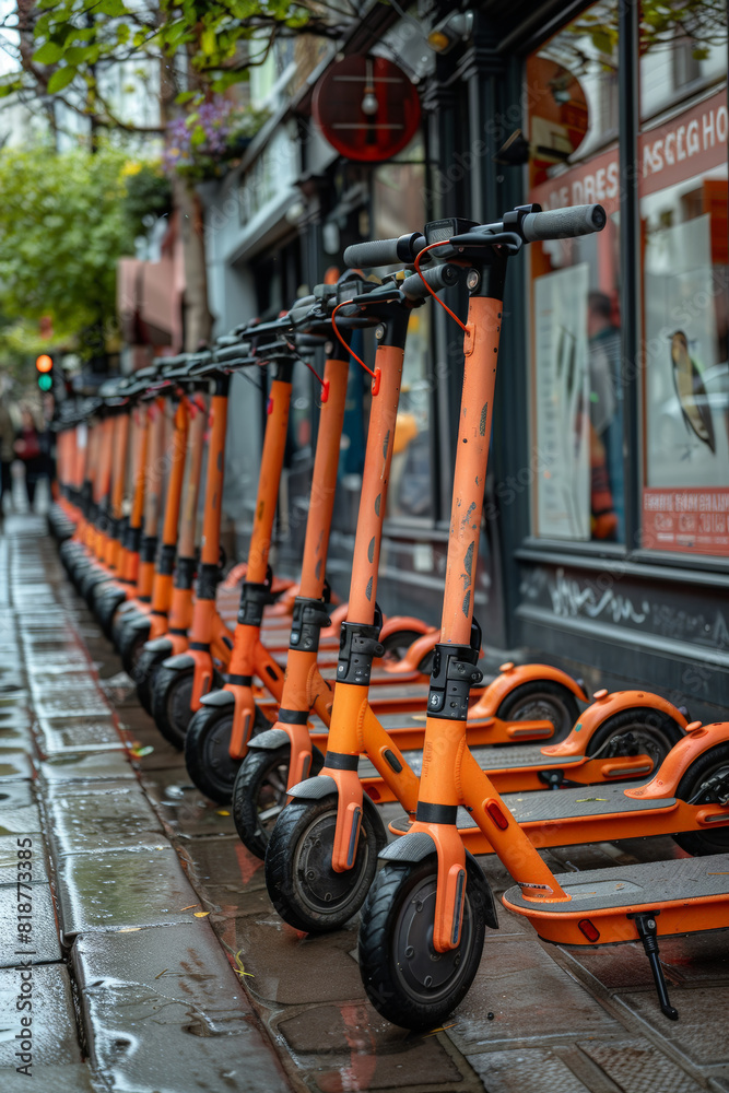 Row of orange scooters parked next to each other