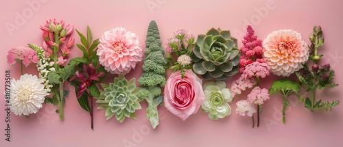 A row of flowers and plants are arranged in a line on a pink background