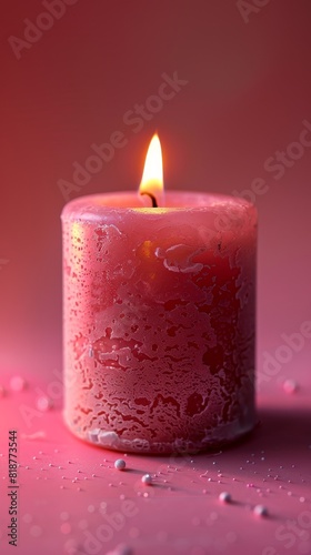 Minimalist setting  a single lit pink candle against a soft pink backdrop