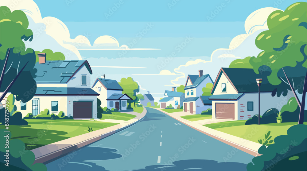 Suburban street with houses and road. Homes garages illustration