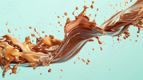 Dynamic splash of chocolate liquid with intricate swirls against a light blue backdrop, showcasing rich texture and movement.