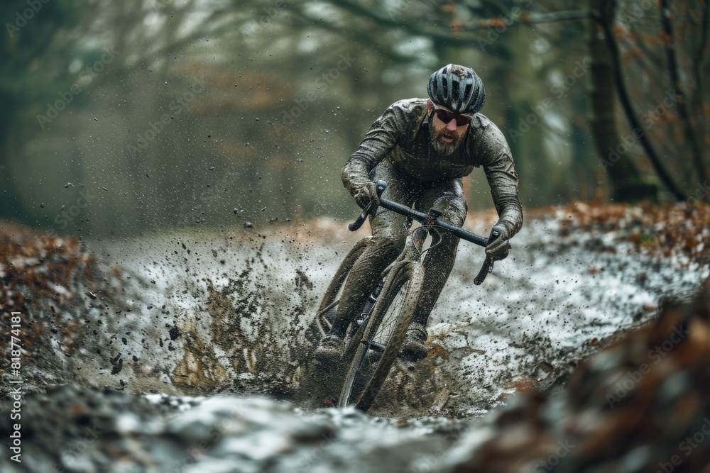 Mountain biker cyclist rides on a cross country mtb through a mud puddle Mountain biker cyclist rides on a cross country mtb through a mud puddle