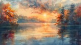 An inspiring watercolor painting of a serene sunrise over a tranquil lake, capturing the tranquility of nature and the beauty of new beginnings.