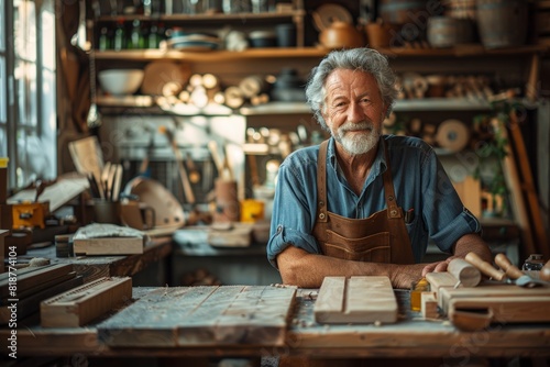 Man crafting bespoke furniture in workshop © yuliachupina