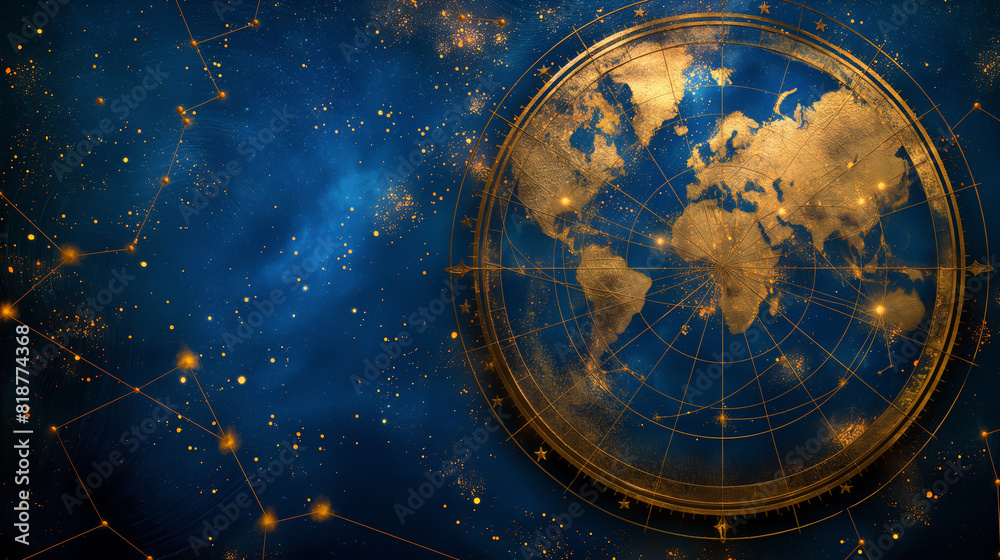 Naklejka premium World map and star map, abstract background, on a blue background,