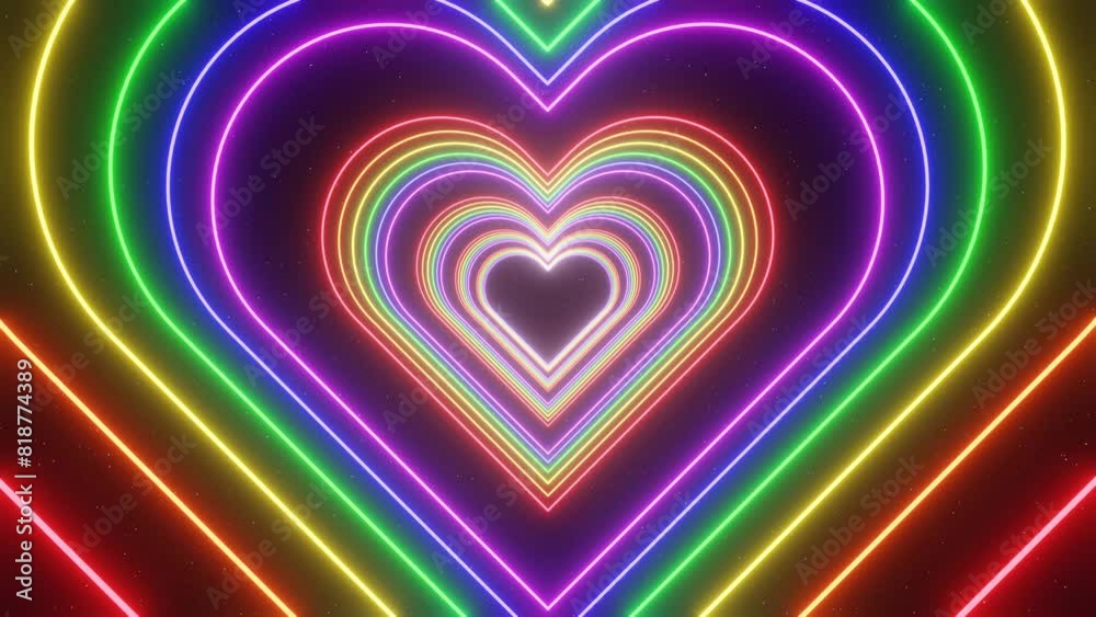 3d Neon glowing abstract rainbow heart tunnel in LGBT Pride colors. Disco music party Valentines day celebration. Retro y2k futuristic background. Animation loop 30fps 4k