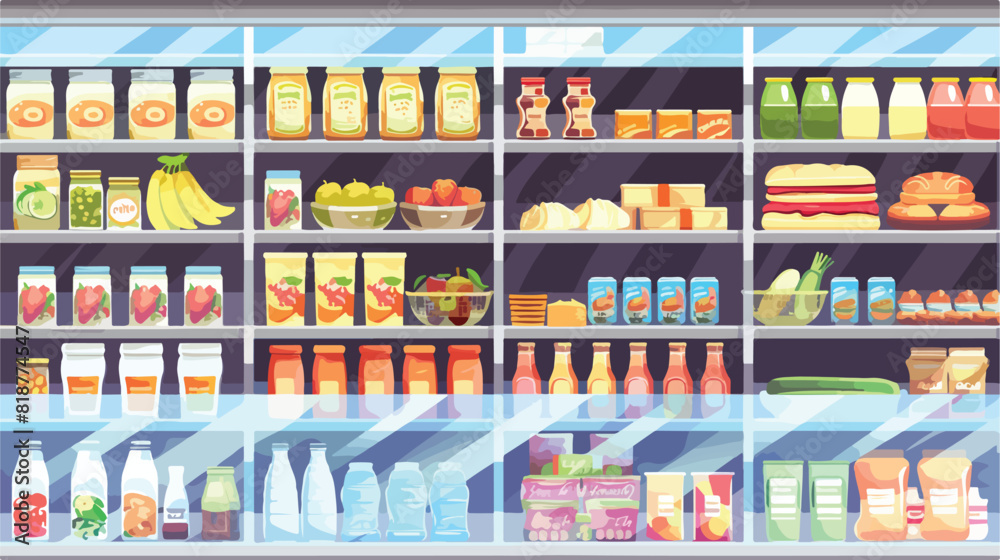 Supermarket shelvings and glass cases with various pr