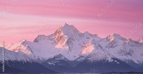 Snowy Mountains at Pink Dawn - Early Morning View