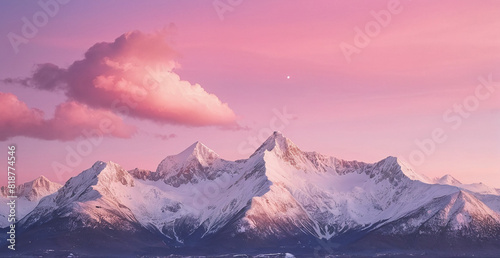 Snowy Mountains at Pink Dawn - Early Morning View