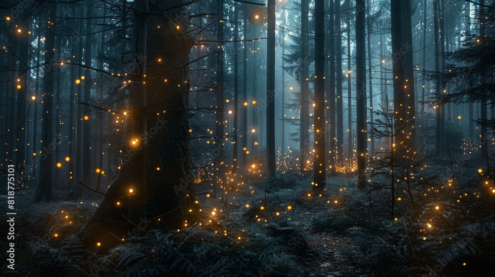 Naklejka premium A forest at night illuminated by countless fireflies flying around, creating a mesmerizing display of natural light in the darkness. Generative AI
