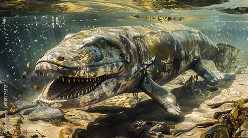 Watercolor Depiction of Prehistoric Aquatic Ecosystem Unearthing Paleontological Discoveries