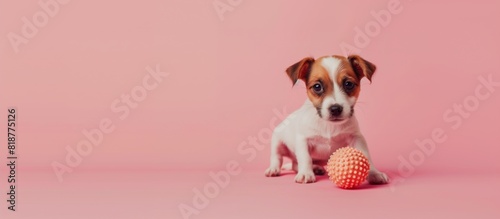 Cute puppy jack russell terrier dog with toy on pastel color negative space background,Minimalis and pet Concept