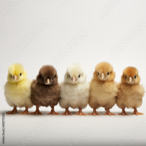 A group of five baby chicks standing in a row. The chicks are of different colors, including yellow, brown, and white. Concept of innocence and cuteness, as the young chicks are adorable