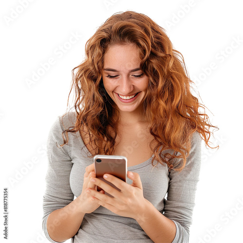 Smiling Young Woman with Wavy Hair Using Smartphone Isolated on Transparent Background