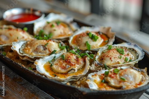 Dishes with fresh oysters in a restaurant