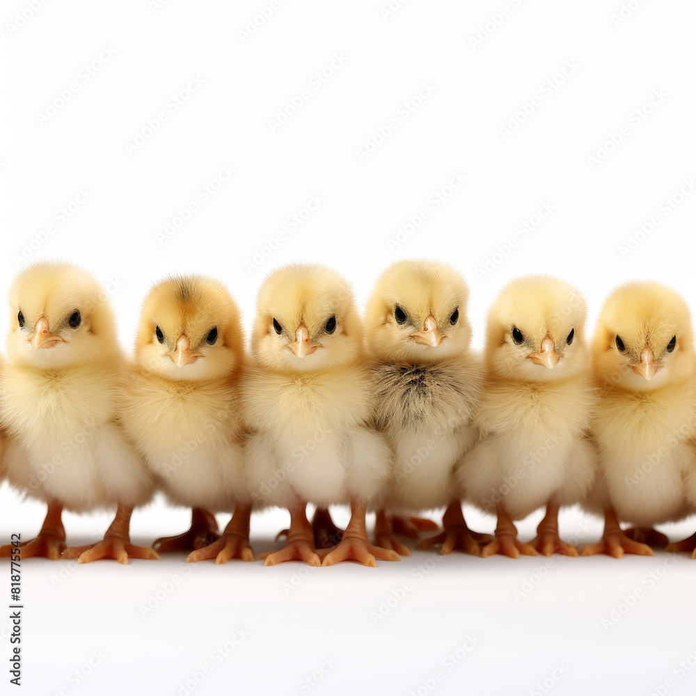 A group of baby chicks are standing in a row. They are all facing the same direction and have their beaks pointed forward
