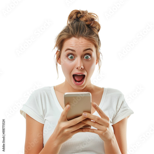 Shocked Young Woman with Hair in a Bun Holding Smartphone Isolated on Transparent Background