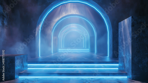 Futuristic neon-lit arched tunnel with mist, creating a mysterious and ethereal ambiance - perfect for sci-fi or fantasy settings.