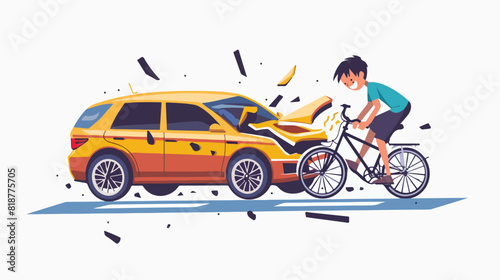 Automobile knocking down boy riding on bike. Head-on