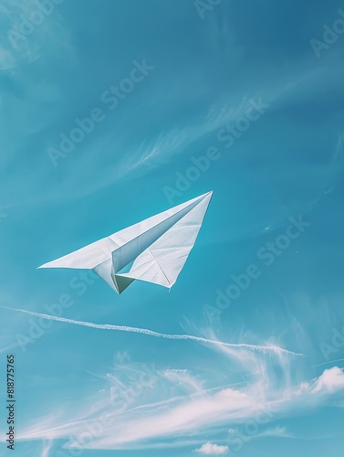 Minimalist photo captures a white paper airplane in mid-flight against a blue sky